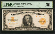 Gold Certificates

Fr. 1173*. 1922 $10 Gold Certificate Star Note. PMG About Uncirculated 50.

Large serial number variety. Honey gold overprints ...