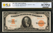 Gold Certificates

Fr. 1173am. 1922 $10 Gold Certificate Mule Note. PCGS Banknote Very Fine 30 PPQ.

Small serial number variety. This mule note r...