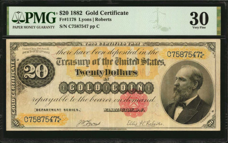 Gold Certificates

Fr. 1178. 1882 $20 Gold Certificate. PMG Very Fine 30.

A...