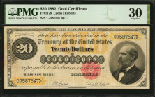 Gold Certificates

Fr. 1178. 1882 $20 Gold Certificate. PMG Very Fine 30.

A Lyons-Roberts signature combination is found on this 1882 Twenty, whi...
