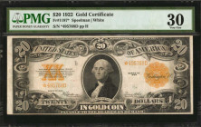Gold Certificates

Fr. 1187*. 1922 $20 Gold Certificate Star Note. PMG Very Fine 30.

Honey gold overprints are found on this mostly evenly circul...