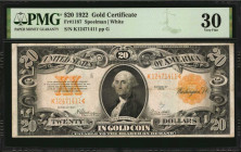 Gold Certificates

Fr. 1187. 1922 $20 Gold Certificate. PMG Very Fine 30.

The reverse of this Gold Certificate is found in dark orange ink and of...
