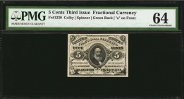 Third Issue

Fr. 1239. 5 Cent. Third Issue. PMG Choice Uncirculated 64.

Green back, with "a" on front. Bright paper and dark, bold ink stand out....