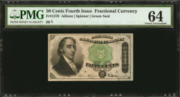 Fourth Issue

Fr. 1379. 50 Cent. Fourth Issue. PMG Choice Uncirculated 64.

Green seal. A beautiful Choice Uncirculated example of this 50 Cent fr...