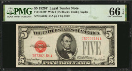 Legal Tender Notes

Fr. 1531Wi. 1928F $5 Legal Tender Note. Wide I. PMG Gem Uncirculated 66 EPQ.

Ruby red overprints stand out on this Wide I var...