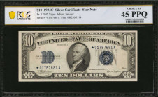 Silver Certificates

Fr. 1704*. 1934C $10 Silver Certificate Star Note. PCGS Banknote Choice Extremely Fine 45 PPQ.

An appealing mid grade exampl...