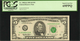 Federal Reserve Notes

Fr. 1985-K. 1995 $5 Federal Reserve Note. PCGS Currency Superb Gem New 69 PPQ.

A nearly perfect grade is found on this imp...