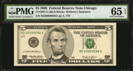 Federal Reserve Notes

Fr. 1987-G. 1999 $5 Federal Reserve Note. Chicago. PMG Gem Uncirculated 65 EPQ. Low Serial Number.

Boardwalk margins and b...