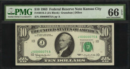 Federal Reserve Notes

Fr. 2016-J. 1963 $10 Federal Reserve Note. Kansas City. PMG Gem Uncirculated 66 EPQ. Low Serial Number.

This Gem $10 displ...