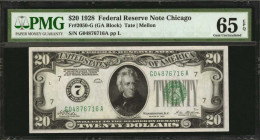 Federal Reserve Notes

Fr. 2050-G. 1928 $20 Federal Reserve Note. Chicago. PMG Gem Uncirculated 65 EPQ.

Milky white paper and dark green overprin...