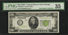 Federal Reserve Notes

Fr. 2053-G. 1928C $20 Federal Reserve Note. Chicago. PMG Choice Very Fine 35.

A mid grade offering of this light green sea...