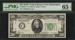 Federal Reserve Notes

Fr. 2056-C. 1934B $20 Federal Reserve Note. Philadelphia. PMG Gem Uncirculated 65 EPQ.

Wide margins, bright paper and punc...