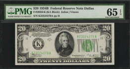 Federal Reserve Notes

Fr. 2056-K. 1934B $20 Federal Reserve Note. Dallas. PMG Gem Uncirculated 65 EPQ.

A Gem example of this Series of 1934B Dal...
