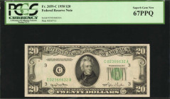 Federal Reserve Notes

Fr. 2059-C. 1950 $20 Federal Reserve Note. Philadelphia. PCGS Currency Superb Gem New 67 PPQ.

This Philadelphia $20 displa...