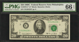 Federal Reserve Notes

Fr. 2070-C*. 1969C $20 Federal Reserve Note. Philadelphia. PMG Gem Uncirculated 66 EPQ.

Attractive centering and wide marg...