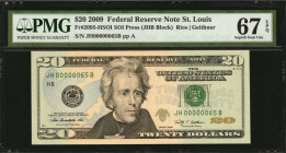 Federal Reserve Notes

Fr. 2095-HSOI. 2009 $20 Federal Reserve Note. St. Louis. PMG Superb Gem Uncirculated 67 EPQ. Low Serial Number.

A Superb G...