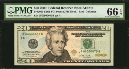 Federal Reserve Notes

Fr. 2095-FSOI. 2009 $20 Federal Reserve Note. Atlanta. PMG Gem Uncirculated 66 EPQ. Low Serial Number.

SOI press. This Gem...