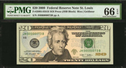 Federal Reserve Notes

Fr. 2095-HSOI. 2009 $20 Federal Reserve Note. St. Louis. PMG Gem Uncirculated 66 EPQ.

SOI press. Found with a low serial n...