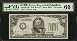 Federal Reserve Notes

Fr. 2102-Cdgs. 1934 $50 Federal Reserve Note. Philadelphia. PMG Gem Uncirculated 66 EPQ.

A bright and attractive example o...