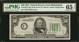 Federal Reserve Notes

Fr. 2102-Cdgs. 1934 $50 Federal Reserve Note. Philadelphia. PMG Gem Uncirculated 65 EPQ.

Dark green seal. A Gem example of...