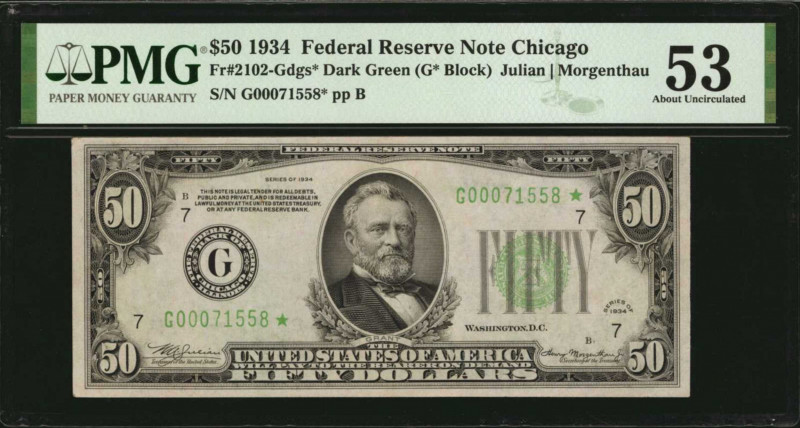 Federal Reserve Notes

Fr. 2102-Gdgs*. 1934 $50 Federal Reserve Star Note. Chi...