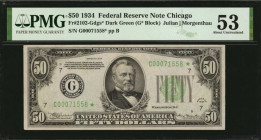 Federal Reserve Notes

Fr. 2102-Gdgs*. 1934 $50 Federal Reserve Star Note. Chicago. PMG About Uncirculated 53.

Dark green seal. Darkly inked deta...