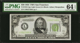 Federal Reserve Notes

Fr. 2102-Llgs. 1934 $50 Federal Reserve Note. San Francisco. PMG Choice Uncirculated 64 EPQ.

An always popular light green...