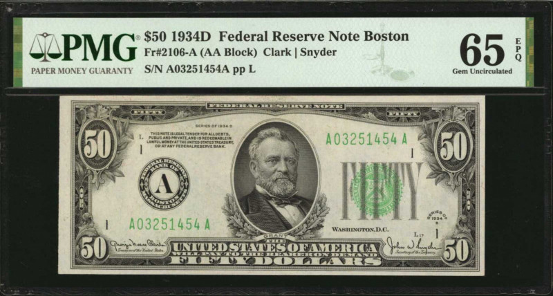 Federal Reserve Notes

Fr. 2106-A. 1934D $50 Federal Reserve Note. Boston. PMG...