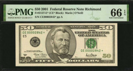 Federal Reserve Notes

Fr. 2127-E*. 2001 $50 Federal Reserve Star Note. Richmond. PMG Gem Uncirculated 66 EPQ.

This $50 replacement note bears a ...