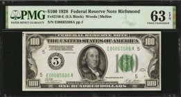Federal Reserve Notes

Fr. 2150-E. 1928 $100 Federal Reserve Note. Richmond. PMG Choice Uncirculated 63 EPQ.

An excellent example of this early n...