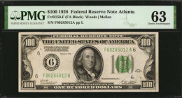 Federal Reserve Notes

Fr. 2150-F. 1928 $100 Federal Reserve Note. Atlanta. PMG Choice Uncirculated 63.

Bold details and dark green overprints ad...