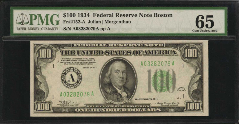 Federal Reserve Notes

Fr. 2152-A. 1934 $100 Federal Reserve Note. Boston. PMG...