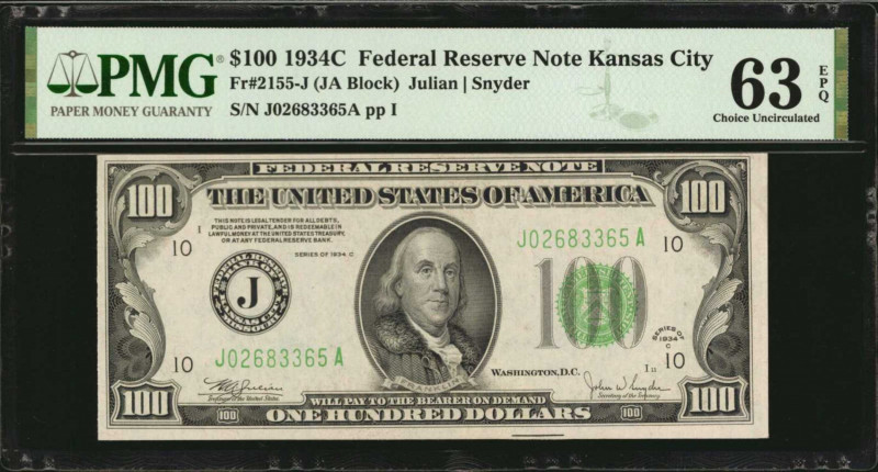 Federal Reserve Notes

Fr. 2155-J. 1934C $100 Federal Reserve Note. Kansas Cit...