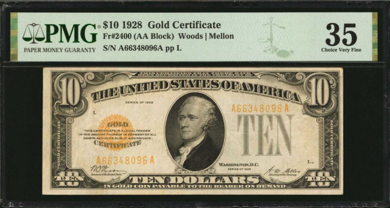 Gold Certificates

Fr. 2400. 1928 $10 Gold Certificate. PMG Choice Very Fine 3...