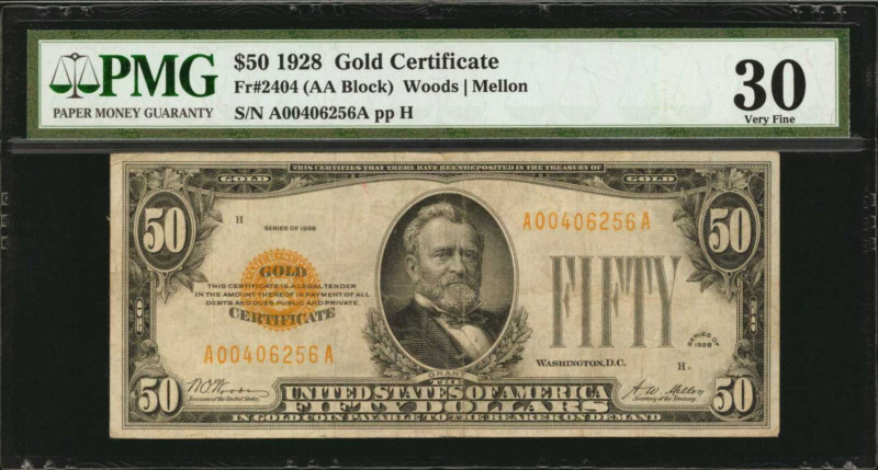 Gold Certificates

Fr. 2404. 1928 $50 Gold Certificate. PMG Very Fine 30.

D...