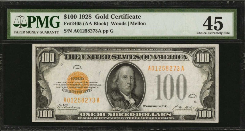 Gold Certificates

Fr. 2405. 1928 $100 Gold Certificate. PMG Choice Extremely ...