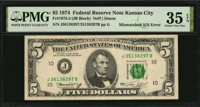 Mismatched Serial Numbers

Fr. 1973-J. 1974 $5 Federal Reserve Note. Kansas Ci...