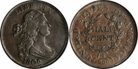 Draped Bust Half Cent

1806 Draped Bust Half Cent. Small 6, Stemless Wreath. AU-55 BN (NGC).

PCGS# 1093.

Estimate: $600