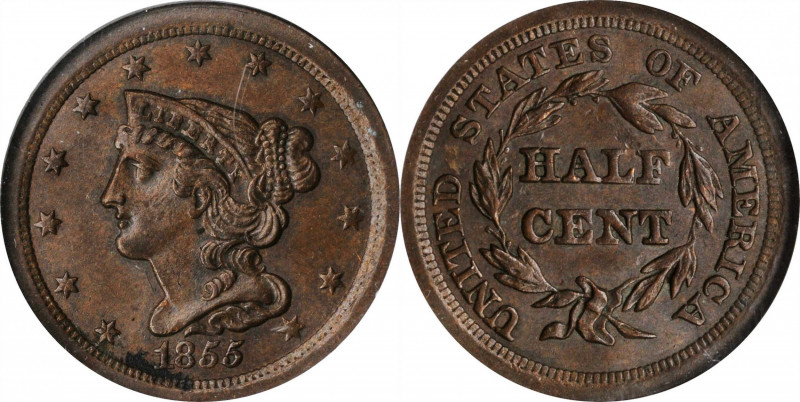 Braided Hair Half Cent

1855 Braided Hair Half Cent. C-1. MS-63 BN (NGC).

P...