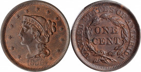 Braided Hair Cent

1856 Braided Hair Cent. Slanting 5. MS-62 BN (PCGS).

PCGS# 1922.

Estimate: $175