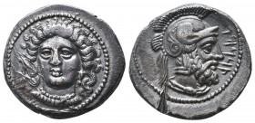 Cilicia, Satraps. Pharnabazos AR Stater. Tarsos, circa 380-379 BC. Head of Arethusa facing slightly left / Helmeted and bearded male head right. Casab...