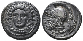 Cilicia, Satraps. Pharnabazos AR Stater. Tarsos, circa 380-379 BC. Head of Arethusa facing slightly left / Helmeted and bearded male head left. Casabo...