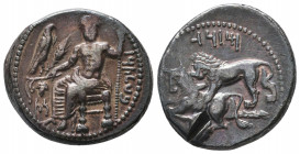 Cilicia, Satraps. Mazaios AR Stater. Tarsos, 361-334. Baaltars seated three-quarter l., holding sceptre and eagle / Lion attacking l., bringing down b...