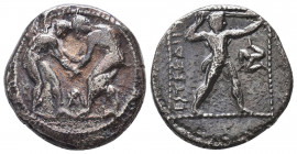 Aspendos , Pamphylia. AR Stater c. 380-325 BC.
Obv. Two wrestlers; between them, LΦ.
Rev. EΣTFEΔIIY, slinger to right, triskeles in right field.
Te...