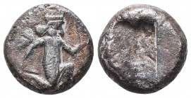 Achaemenid Persia. AR siglos, c. 485 BC.
Obv. Great King running right, holding transverse spear in right hand and bow in left.
Rev. Irregular recta...