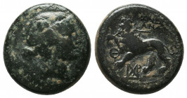 LYDIA. Sardes. Ae (2nd-1st centuries BC).
Obv: Head of Dionysos right, wearing ivy wreath.
Rev: ΣΑΡΔΙΑΝΩΝ.
Horned lion standing left, head facing, ...