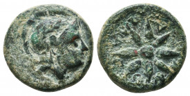 TROAS. Kolone. Ae. (4th century BC).
Obv: Helmeted head of Athena right.
Rev: KOΛΩNAΩN.
Star or stellate pattern of eight rays.
SNG Copenhagen 276...