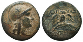 MYSIA. Pergamon. Ae (Circa 200-133 BC).
Obv: Helmeted head of Athena right, helmet decorated with star.
Rev: AΘHNAΣ / NIKHΦOPOY.
Owl, with wings sp...