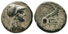 PHRYGIA. Apameia. Ae (Circa 88-40 BC).
Helmeted bust of Athena right, wearing aegis.
Eagle right, landing on maeander pattern; caps of the dioscuri,...