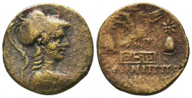 PHRYGIA. Apameia. Ae (Circa 88-40 BC).
Helmeted bust of Athena right, wearing aegis.
Eagle right, landing on maeander pattern; caps of the dioscuri,...